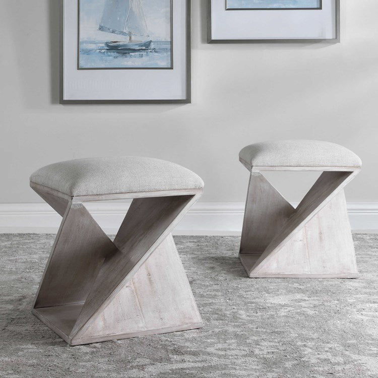 Uttermost Benue Linen Fabric Seat Weathered White Wood Accent Stool - Image 2