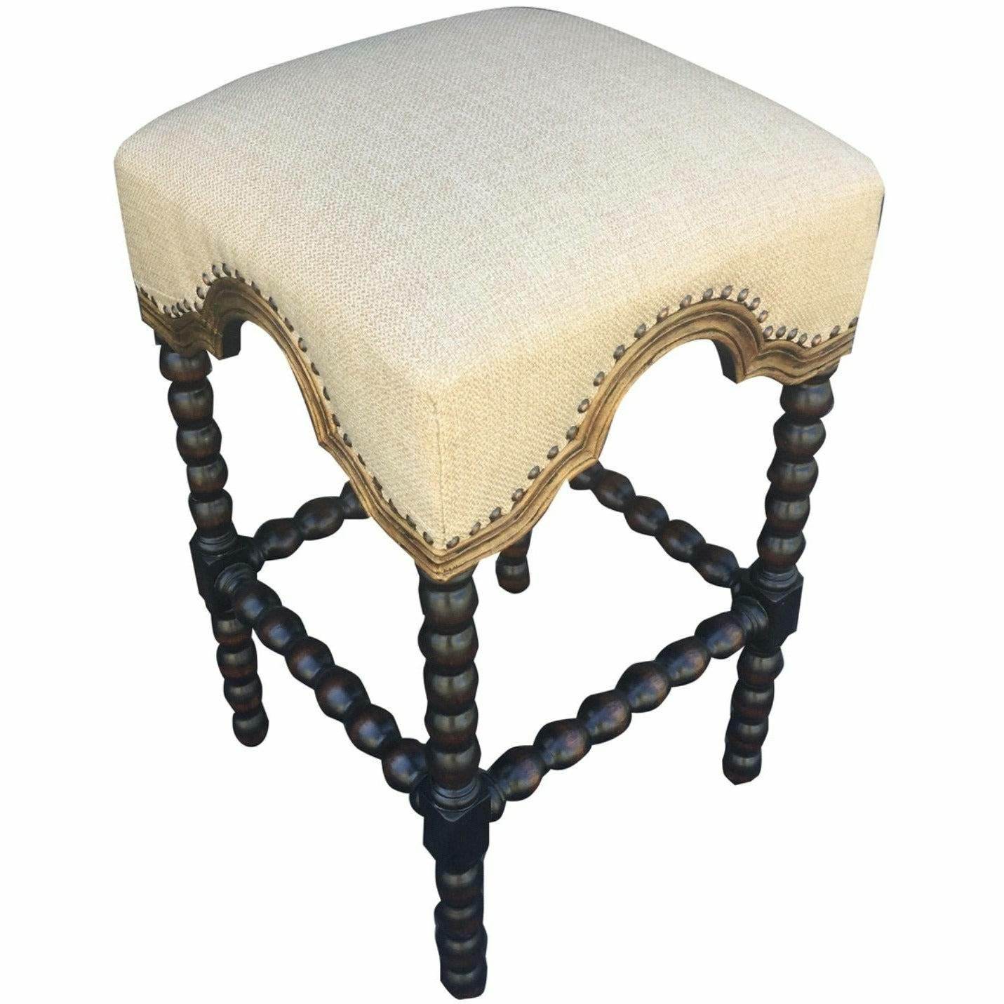 Casa Bonita Peruvian Hand-Painted Carved Wood and Linen Salomon Counter Stool
