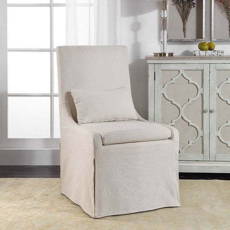 Uttermost Coley Off-White Linen Performance Fabric Slipcovered Armless Chair With Pillow - Image 2