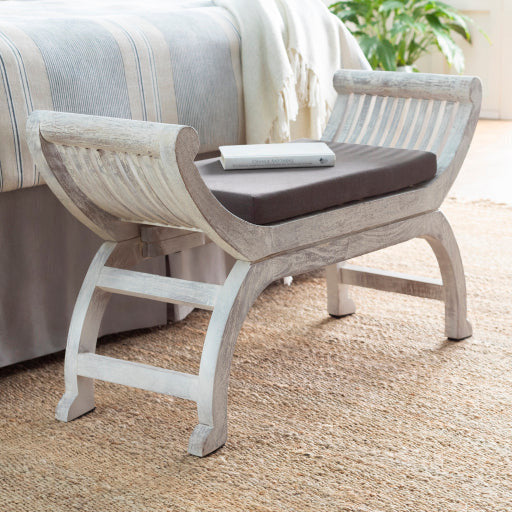 Surya Brittany Rustic Modern Curved Wood Bench With Charcoal Gray Cushion BIY-001