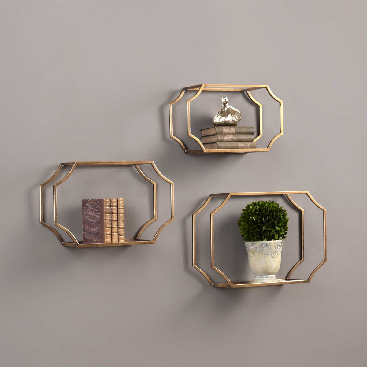 Uttermost Lindee Antiqued Gold Leaf and Glass Set of 3 Wall Shelves - Image 3