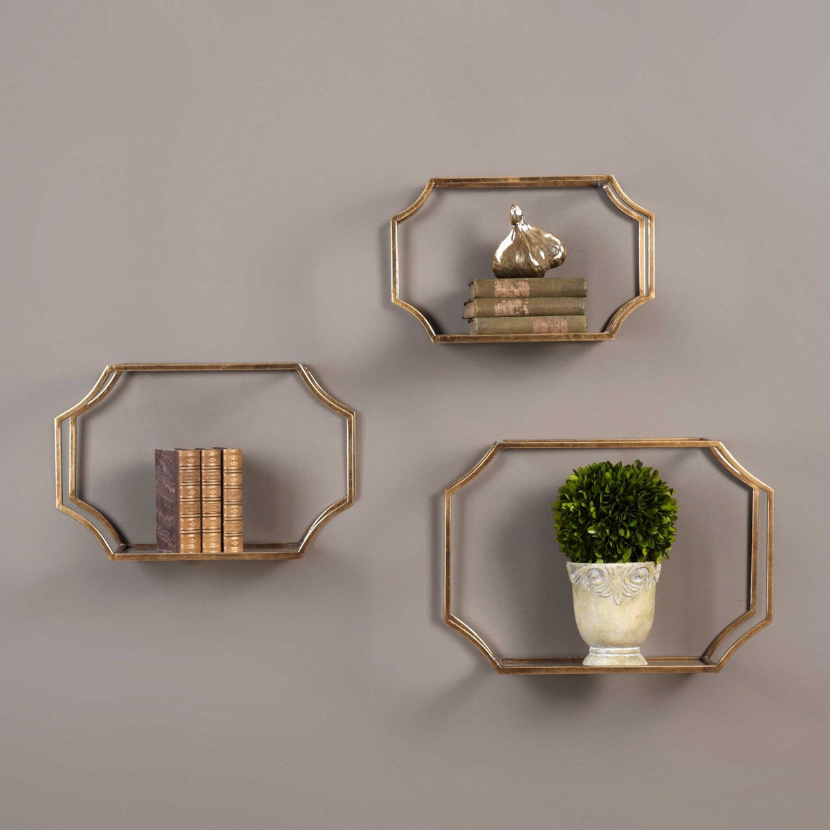 Uttermost Lindee Antiqued Gold Leaf and Glass Set of 3 Wall Shelves - Image 2