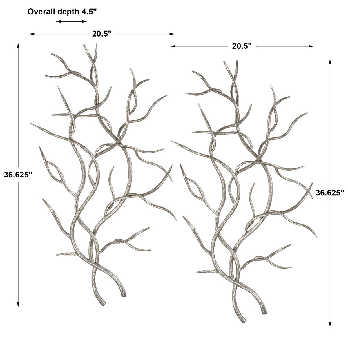 Uttermost Silver Branches Silver Leaf Hammered Iron Set of 2 Metal Wall Decor - Image 3