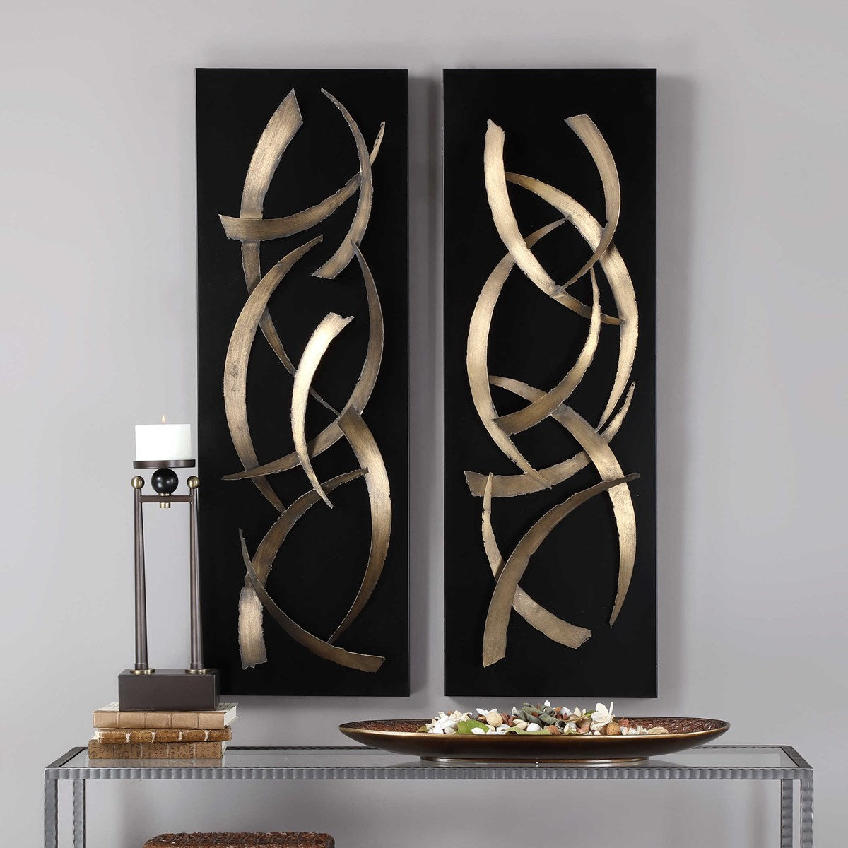 Uttermost Brushstrokes Brushed Gold and Matte Black Set of 2 Metal Wall Panels - Image 2