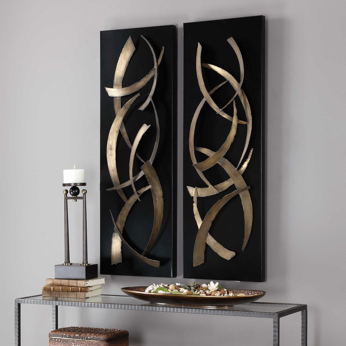 Uttermost Brushstrokes Brushed Gold and Matte Black Set of 2 Metal Wall Panels - Image 3
