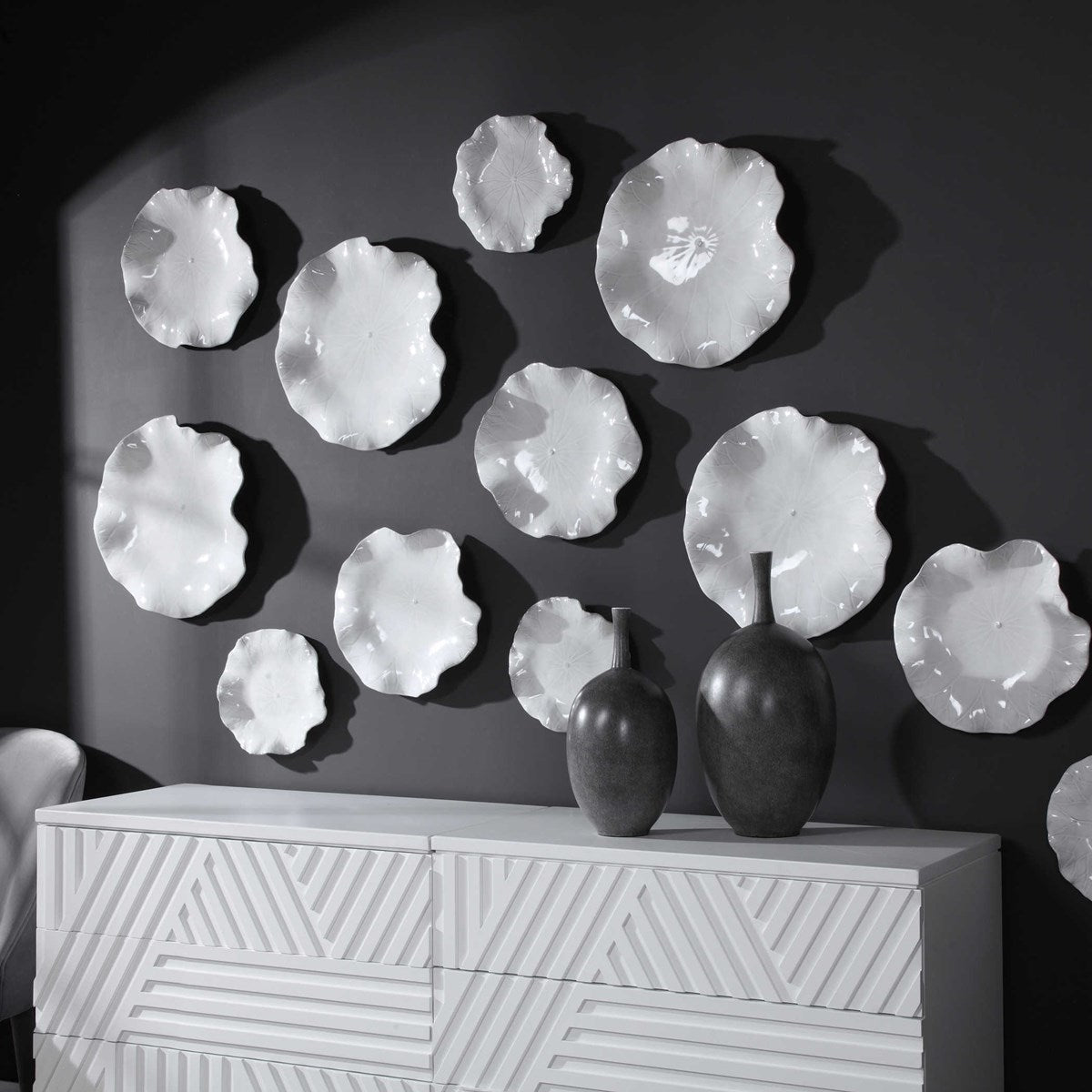 Uttermost Abella White Set of 3 Ceramic Flowers Wall Decor