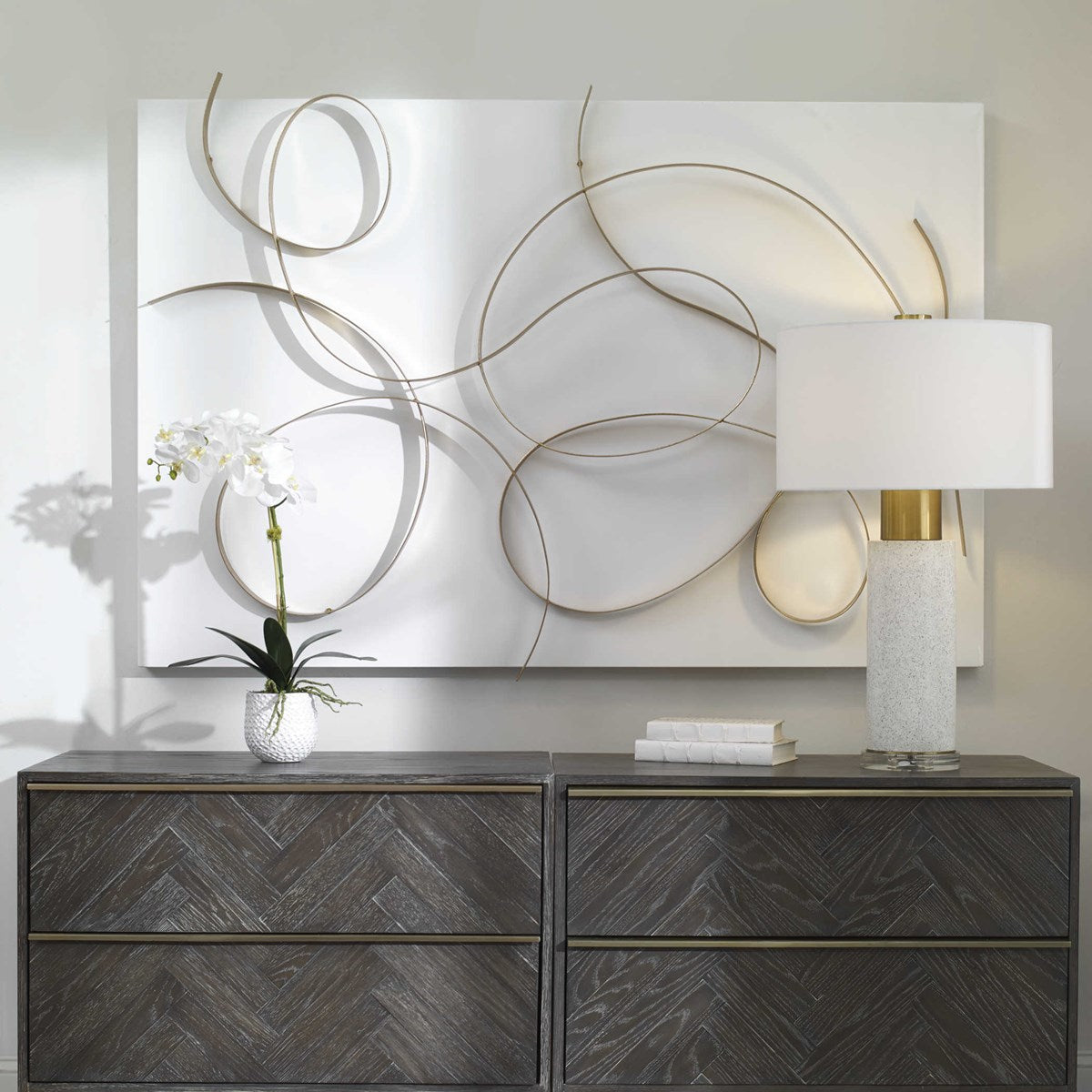Uttermost Freehand Matte White and Brushed Gold Iron Metal Wall Panel - Image 3