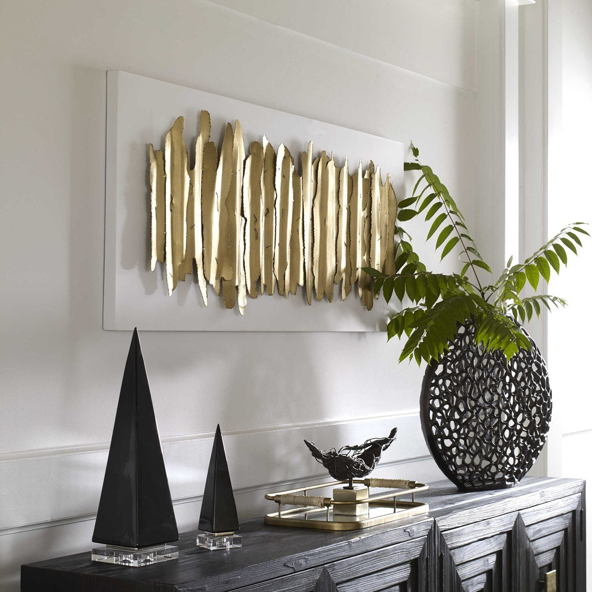 Uttermost Lev Gold Leaf and Matte White Metal Wall Decor - Image 3