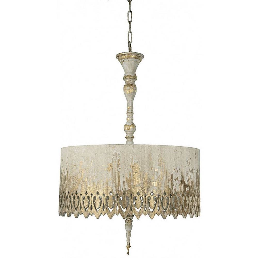 Provence Home Distressed Cream & Gold Carved Wood Shade With Antiqued Metal Pendant Light Chandelier - Image 1