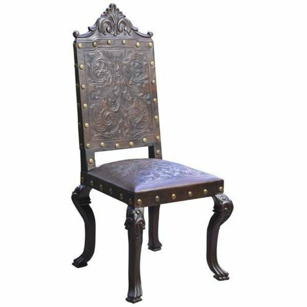 Casa Bonita Peruvian Hand-Painted Carved Wood and Tooled Leather Leonie Dining Chair - Image 1