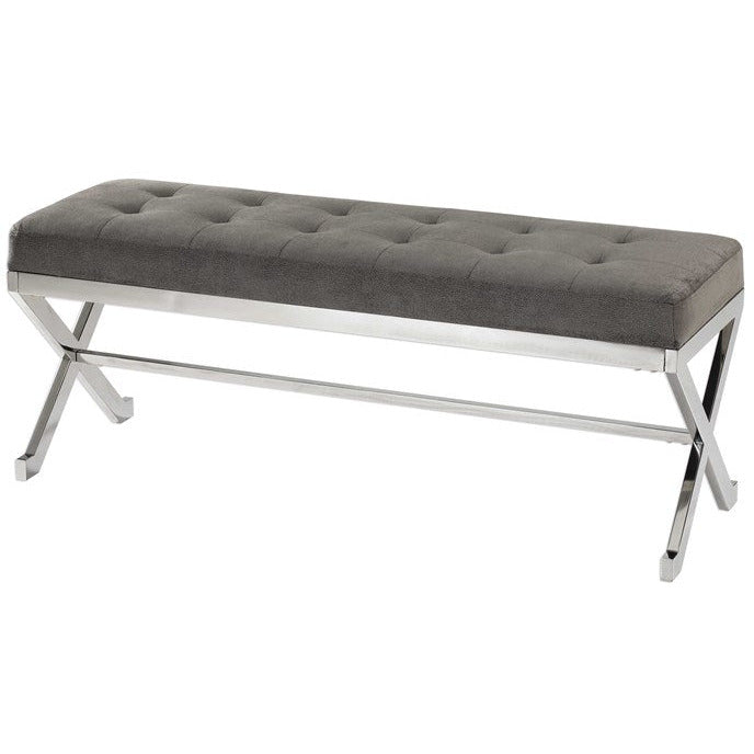 Uttermost Bijou Plush Button Tufted Gray Fabric Seat Contemporary Polished Stainless Steel Bench - Image 2