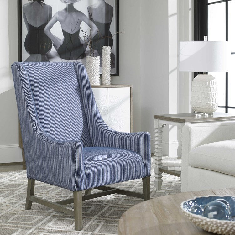Uttermost Galiot Coastal Blue & White Wingback Chair - Image 1