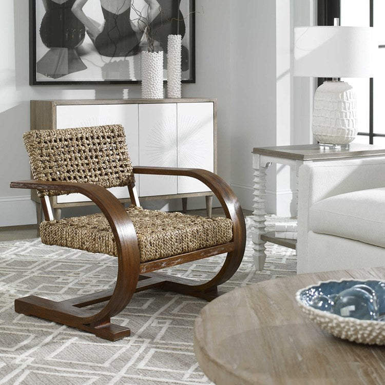 Uttermost Rehema Modern Bohemian Natural Woven Seat with Curved Wood Frame Accent Armchair - Image 1