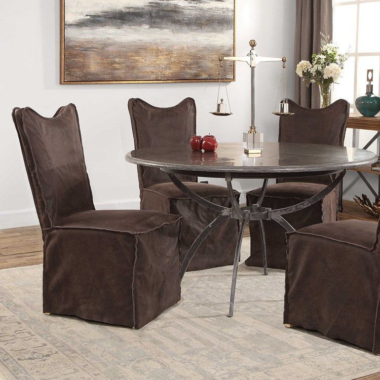 Uttermost Delroy Chocolate Nubuck Leather Slipcover Dining Chairs Set of 2