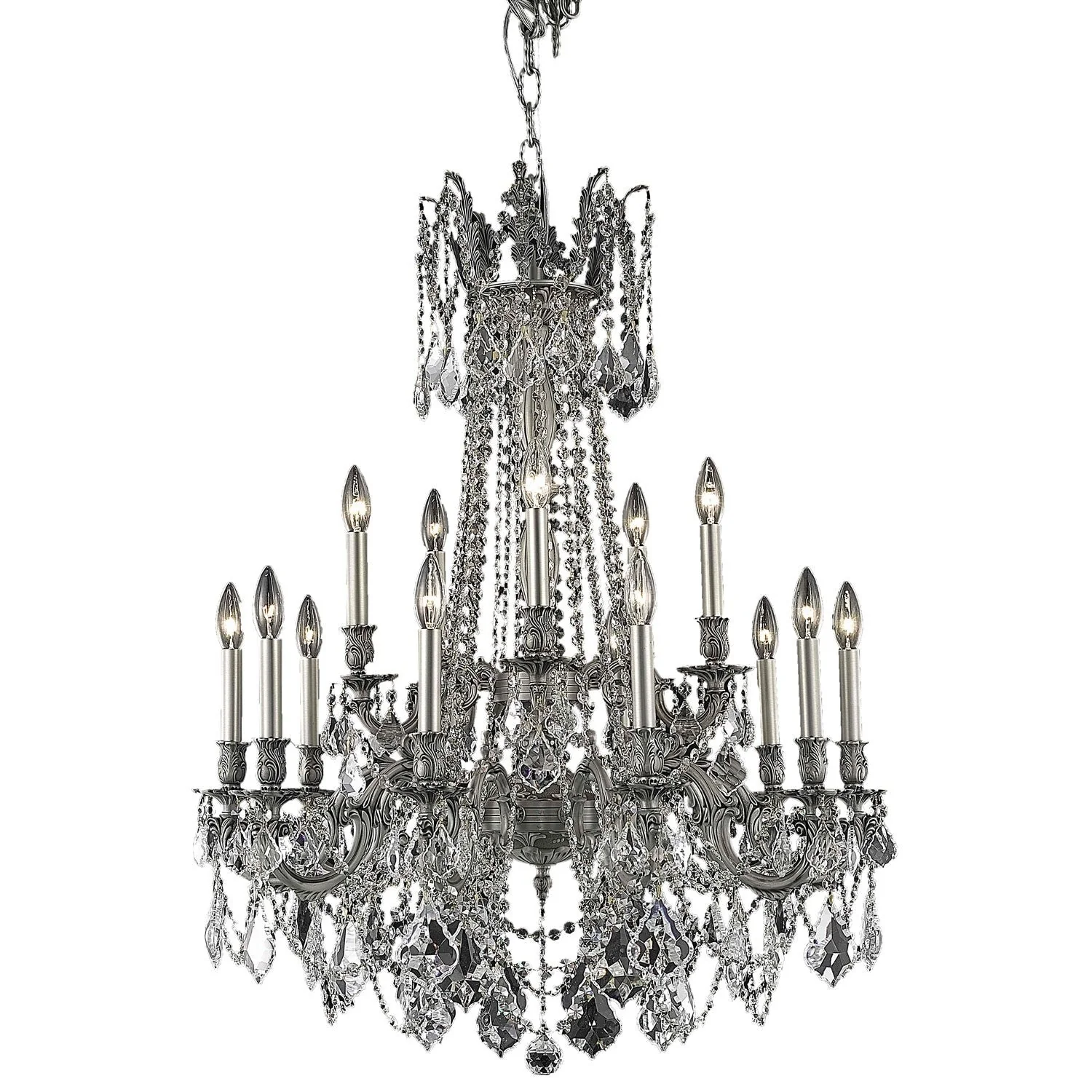 Pewter Fifteen-Light Chandelier with Clear Royal Cut Crystals - Image 1