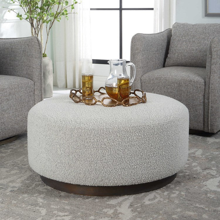 Uttermost Avila Ivory & Gray Boucle Fabric Round Ottoman - Image 2