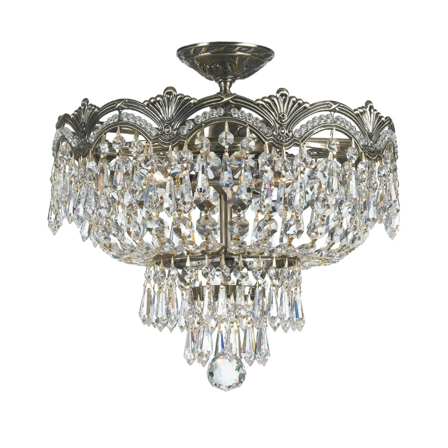 Group Majestic Sold Cast Brass Ornate Crystal Three-Light Semi-Flush - Image 1