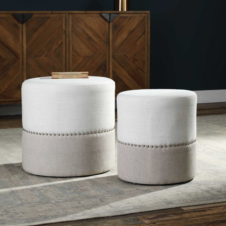 Uttermost Tilda Creamy White & Oatmeal Linen Set of 2 Round Ottomans