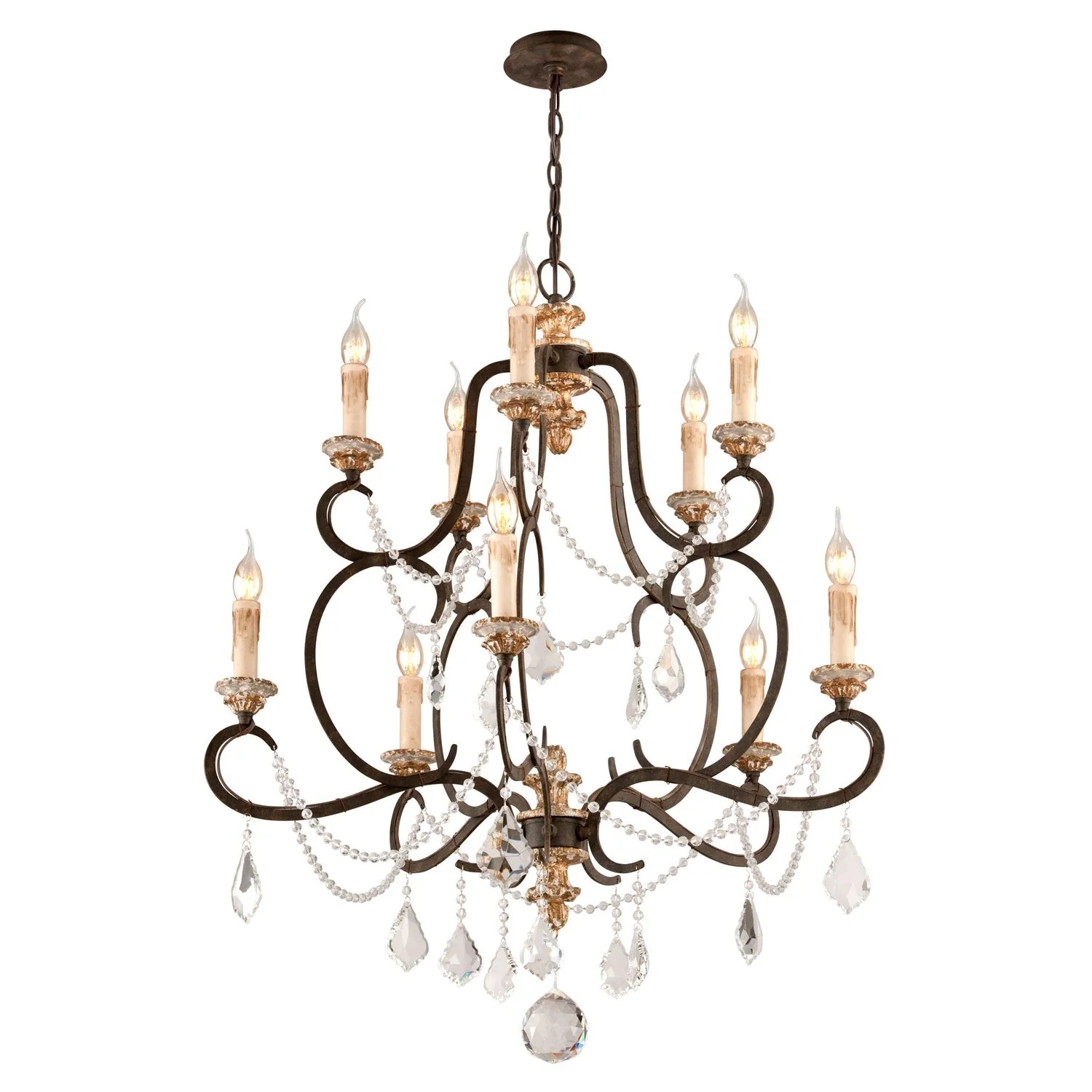 Bronze 10-Light Medium Chandelier w/ Distressed Gold Leaf Crystal - Image 1
