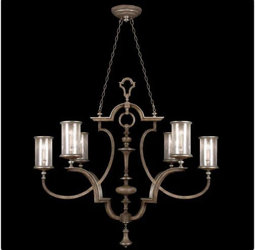 Six-Light Chandelier in Hand Painted Driftwood Finish On Metal with Silver Leafed Accents with Hand Blown Seedy Glass Shades - Image 1