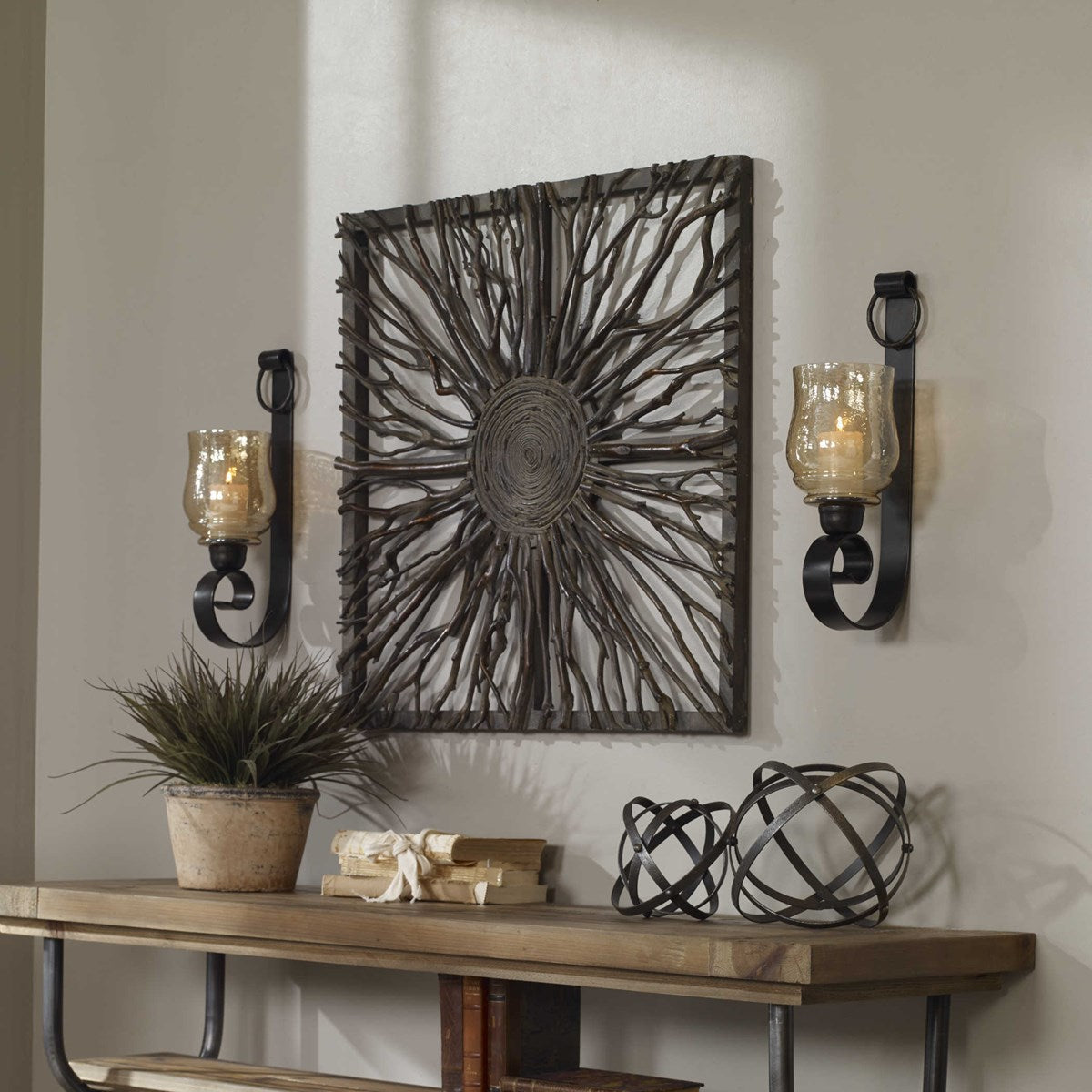 Uttermost Joselyn Antique Bronze with Amber Glass Set of 2 Candle Sconces