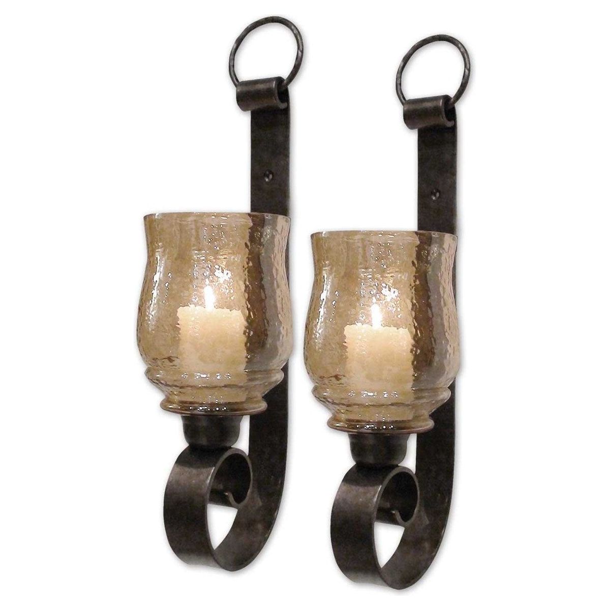 Uttermost Joselyn Antique Bronze with Amber Glass Set of 2 Candle Sconces - Image 2