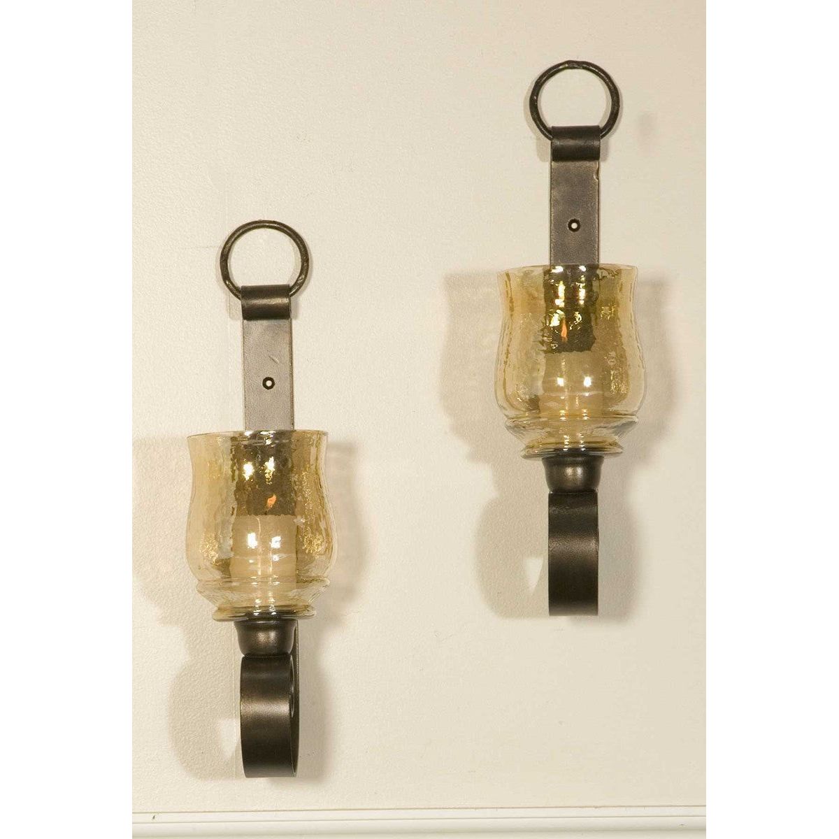 Uttermost Joselyn Antique Bronze with Amber Glass Set of 2 Candle Sconces - Image 3