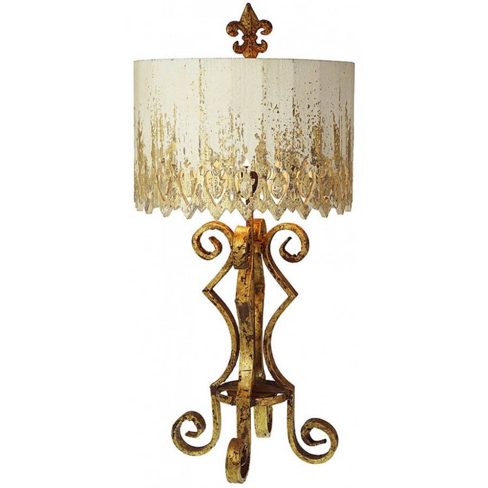 Provence Home Gold Metal Table Lamp With Distressed Cream & Gold Carved Wood Shade - Image 1