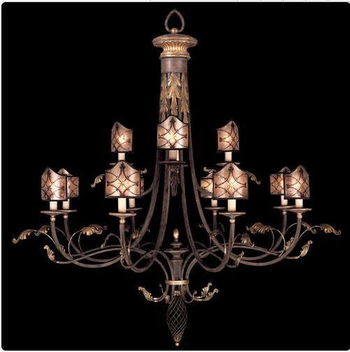 12-Light Chandelier in Rich Umber Finish and Gilded Accents with Hand Painted Mica Shades - Image 1