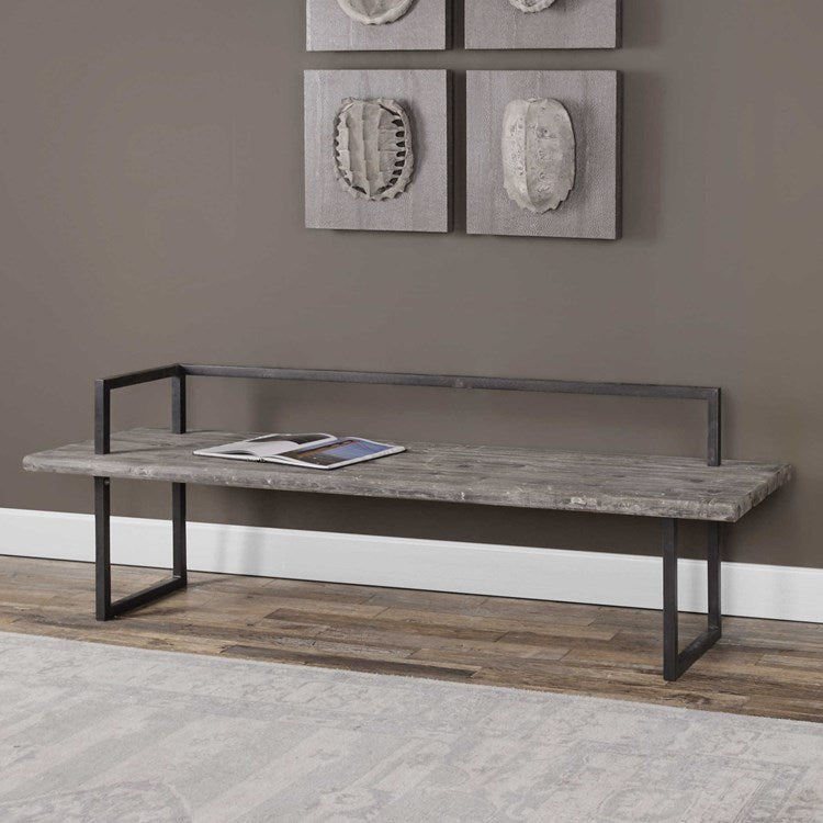 Uttermost Herbert Reclaimed Fir Wood Rustic Modern Aged Black Iron Bench - Image 1