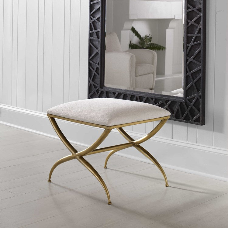 Uttermost Crossing White Fabric Cushion Seat Gold Iron Small Bench - Image 1