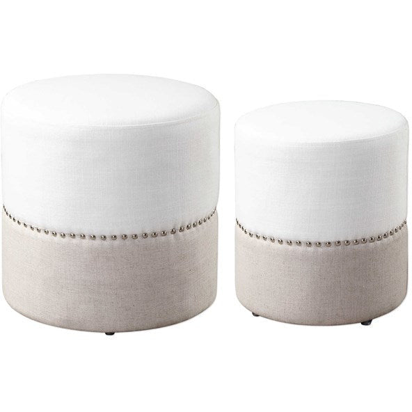 Uttermost Tilda Creamy White & Oatmeal Linen Set of 2 Round Ottomans - Image 2