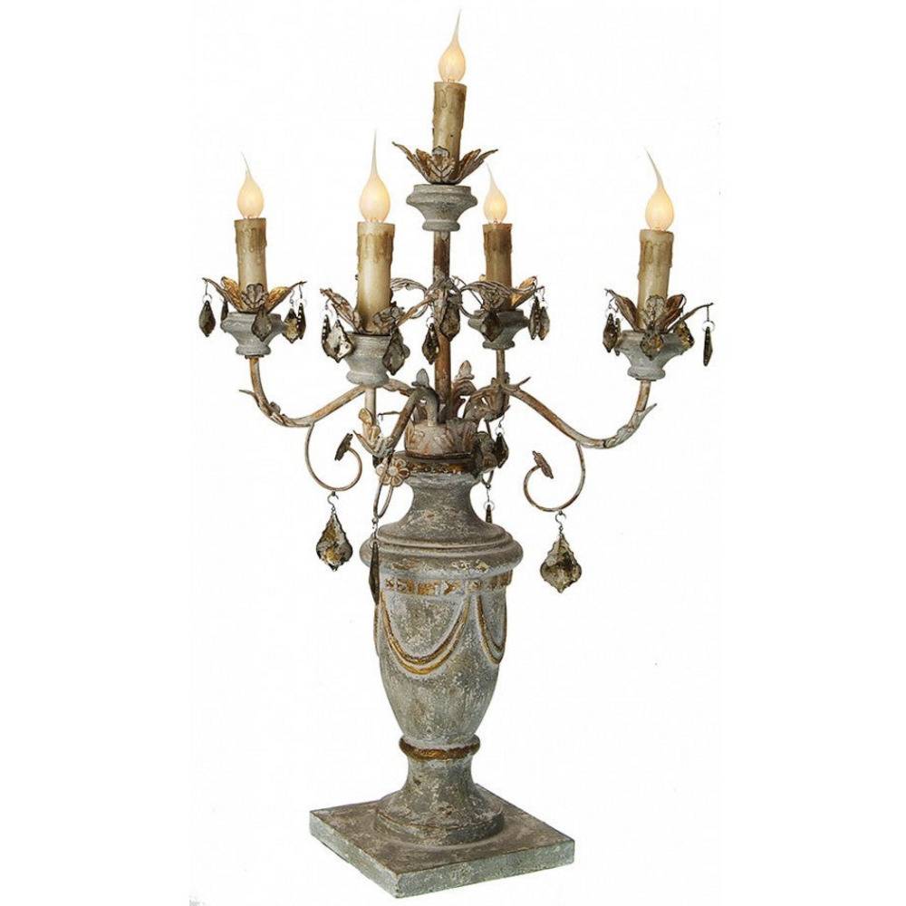 Provence Home Distressed French Blue, Grey & Gold Carved Wood Candelabra With Antiqued Metal Arms - Image 1