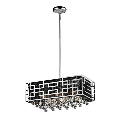 Six-Light Chrome Island Pendant with Black String Shade and Strung Crystals - Image 1