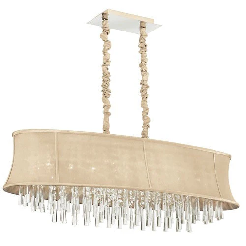 Crystal Eight-Light Polished Chrome and Clear Crystal Oval Pendant w/ Silk Glow Cream Fabric Shade and Chain Cover - Image 1