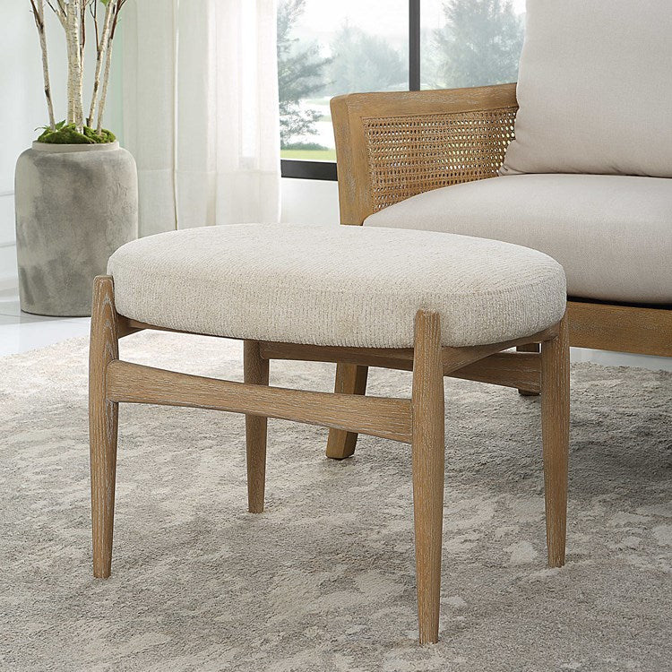 Uttermost Acrobat Textured White Fabric Cushion Seat Natural Oak Small Bench