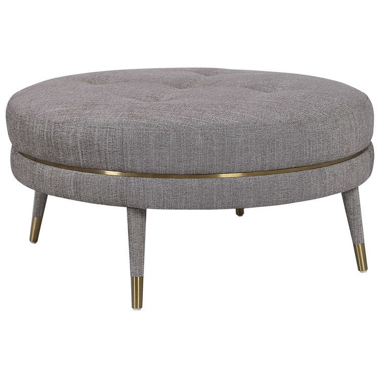 Uttermost Blake Plush Button Tufted Taupe-Brown Linen Modern Round Ottoman With Brushed Brass - Image 2