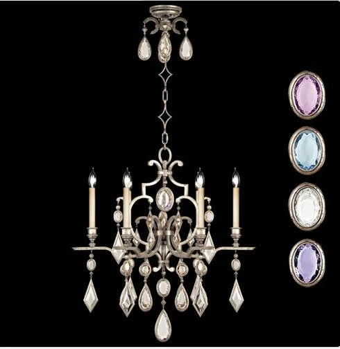 Six-Light Chandelier in Silver Leaf Finish with Multi-Colored Crystal Gems - Image 1