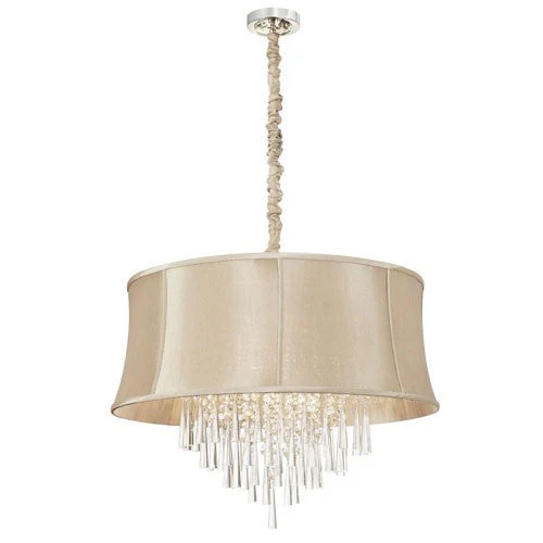 Crystal Eight-Light Polished Chrome and Clear Crystal Pendant w/ Silk Glow Cream Fabric Shade and Chain Cover - Image 1