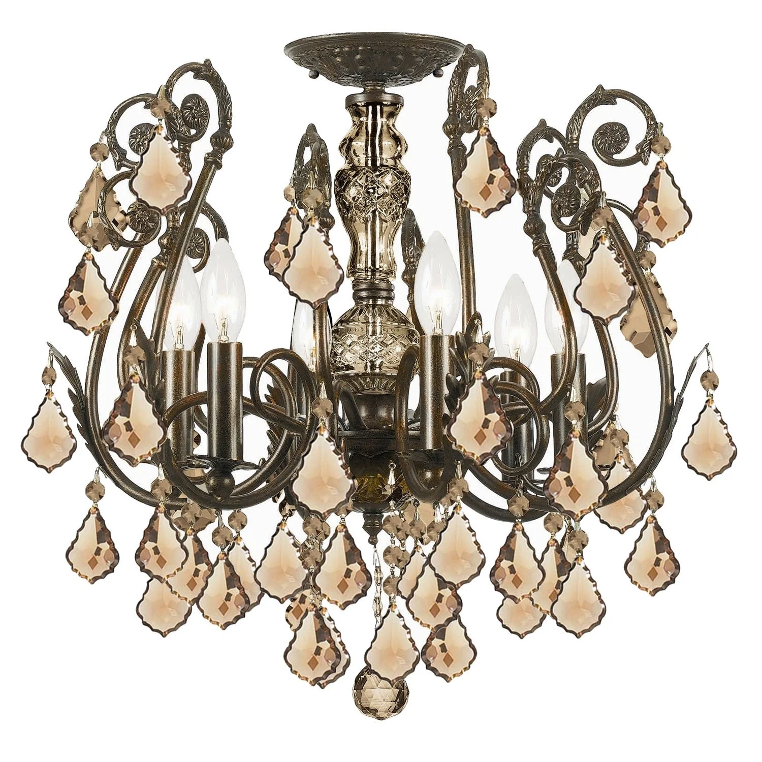 English Bronze Golden Teak Crystal Six-Light Semi-Flush - Image 1