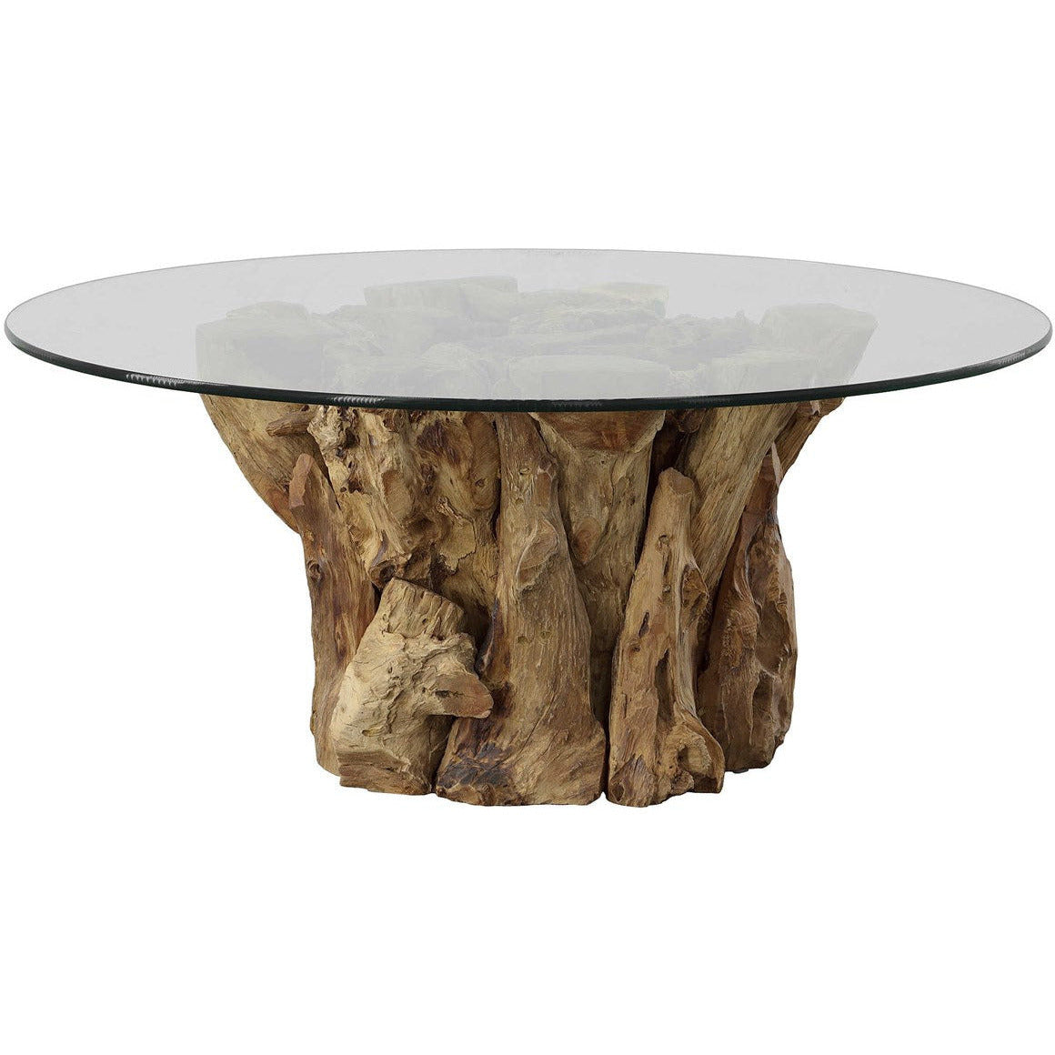 Uttermost Driftwood Glass Top With Pieced Teak Wood Rustic Modern Round Coffee Table - Image 2