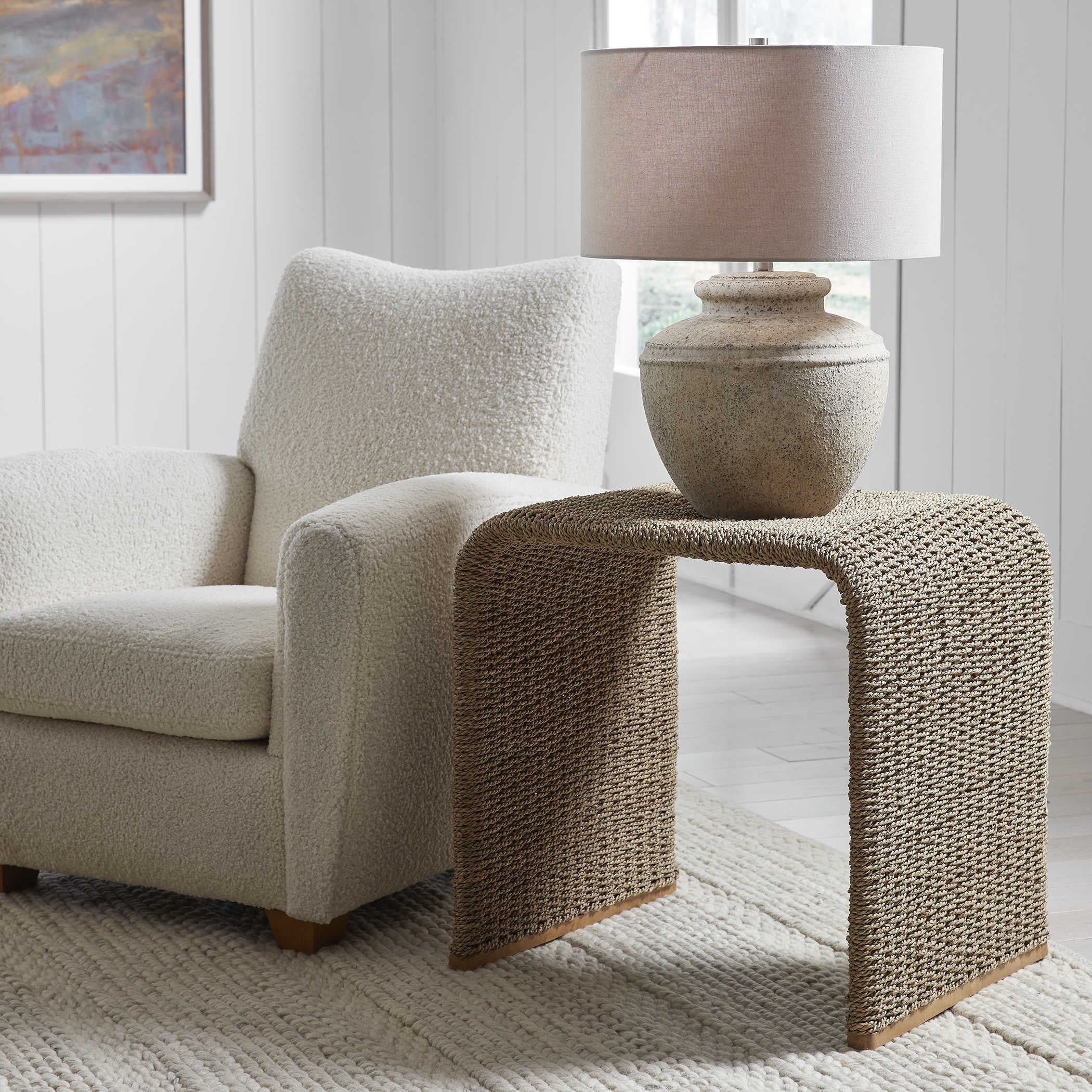 Uttermost Calabria Woven Seagrass With Mango Wood Plinth Base End Table - Image 1
