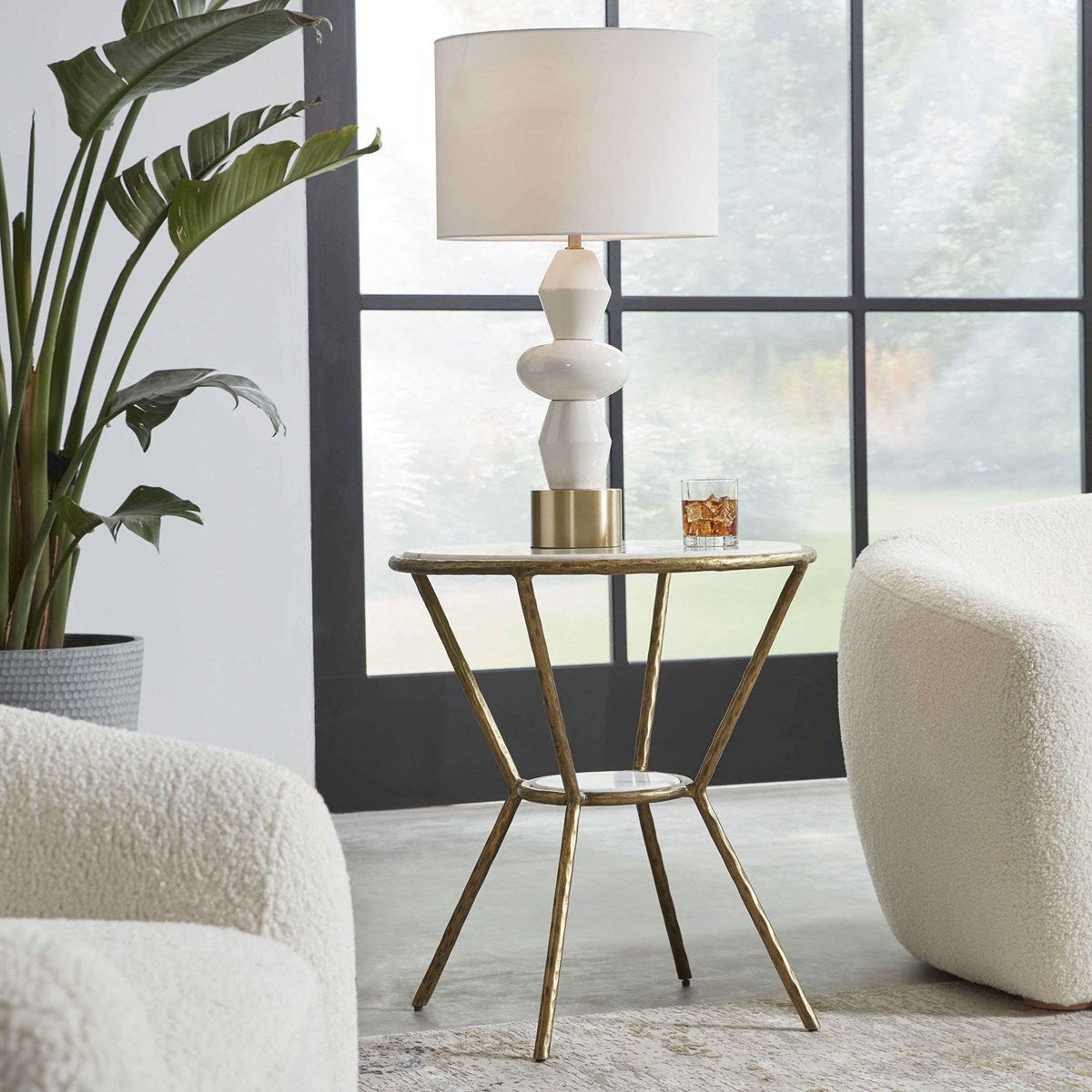Uttermost Refuge White Marble Top With Antiqued Gold Iron Base Round Side Table - Image 1