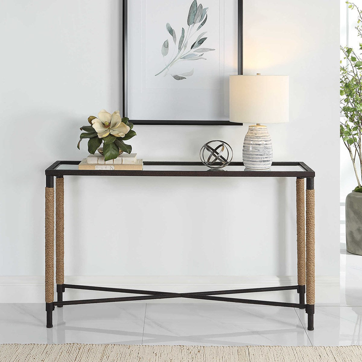 Uttermost Braddock Glass Top Rope Wrapped Rustic Iron Modern Coastal Console Table - Image 2