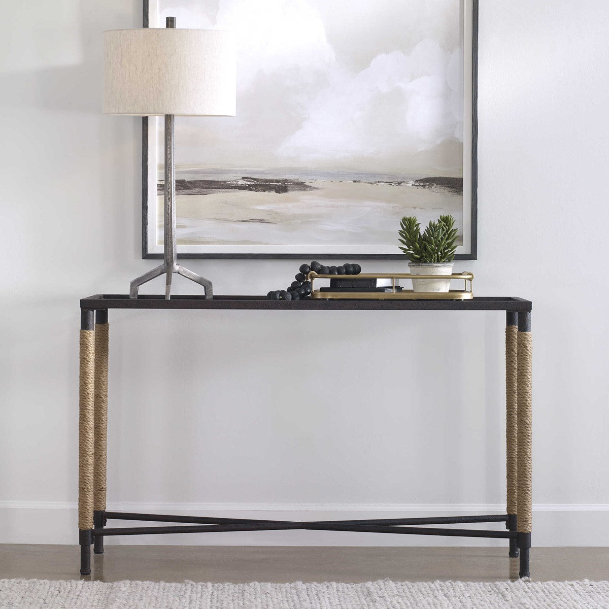 Uttermost Braddock Glass Top Rope Wrapped Rustic Iron Modern Coastal Console Table - Image 1
