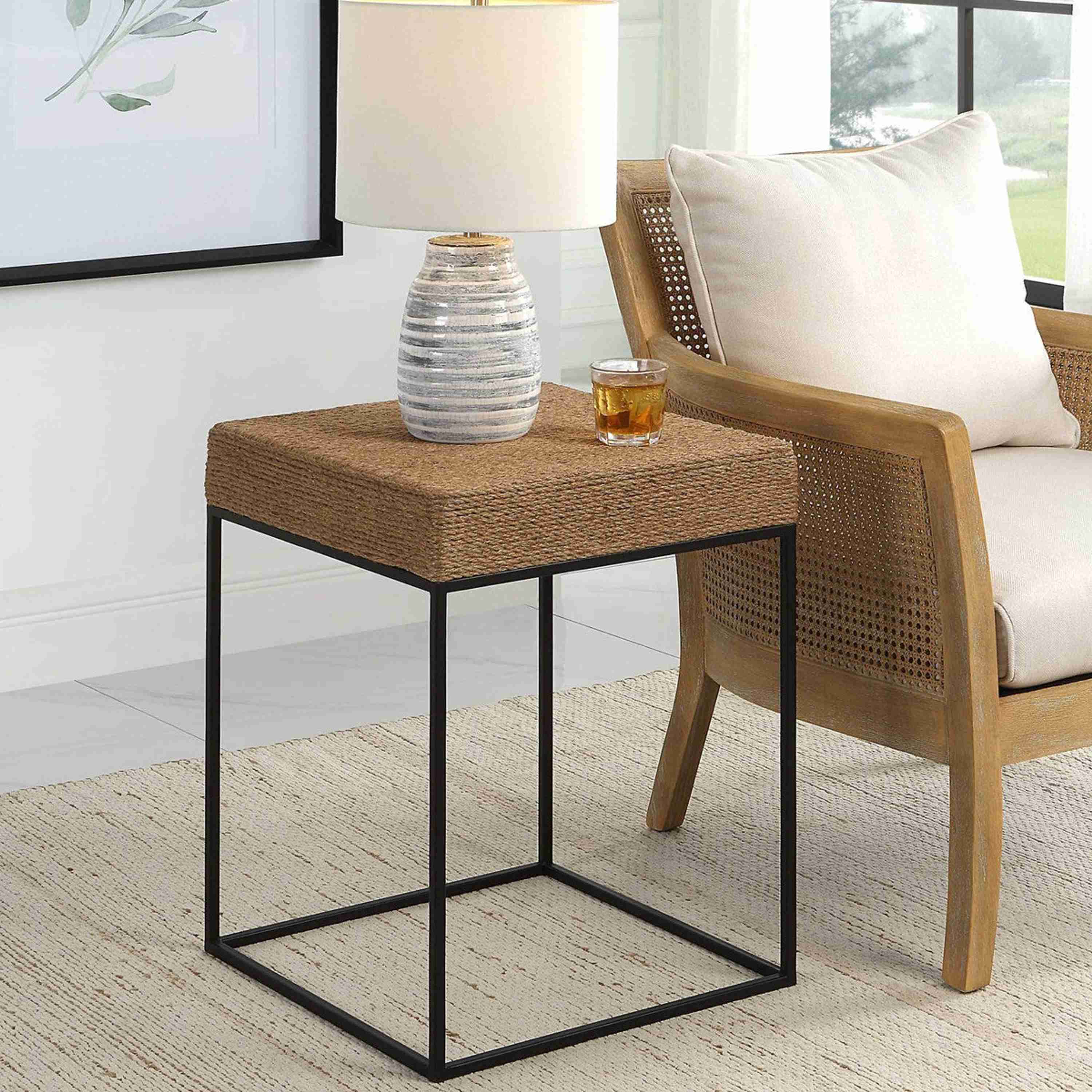 Uttermost Laramie Natural Braided Rope Top With Matte Black Iron Modern Coastal Accent Table - Image 2