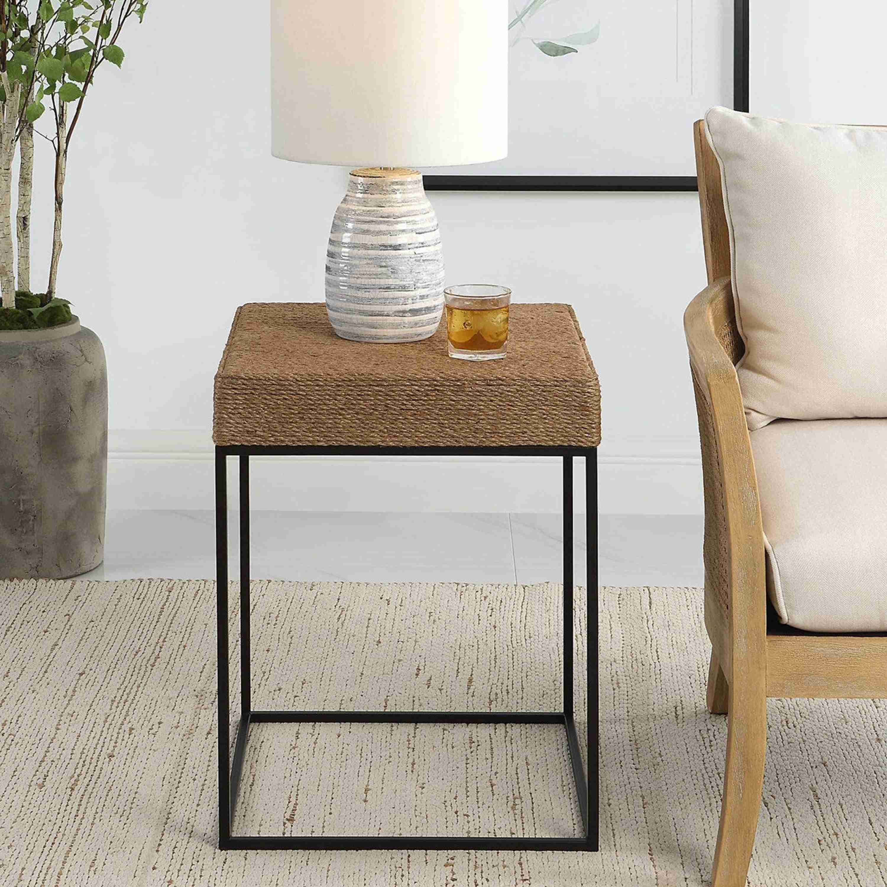 Uttermost Laramie Natural Braided Rope Top With Matte Black Iron Modern Coastal Accent Table - Image 3