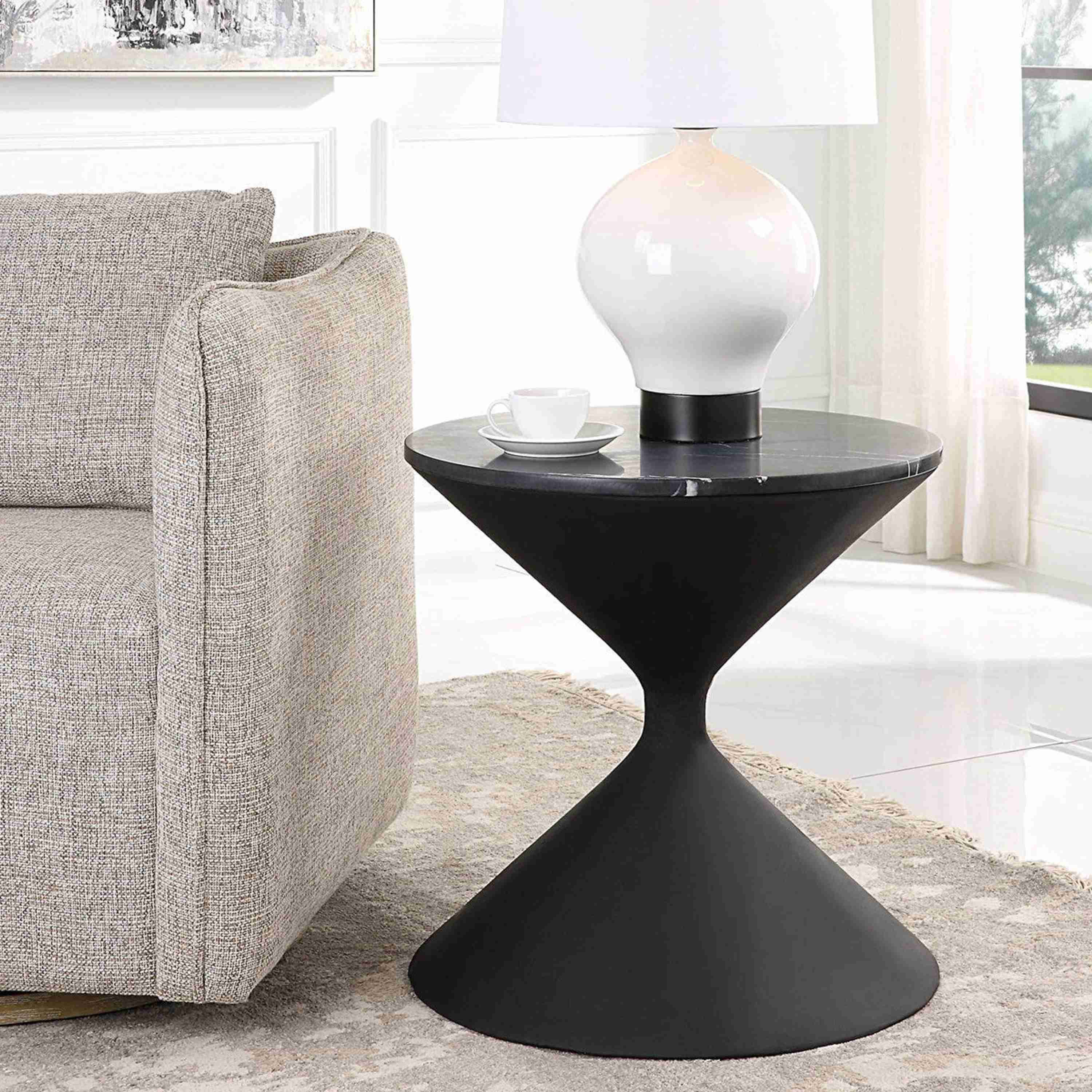 Uttermost Time’s Up Black Marble Top Matte Black Hourglass Contemporary Side Table - Image 2