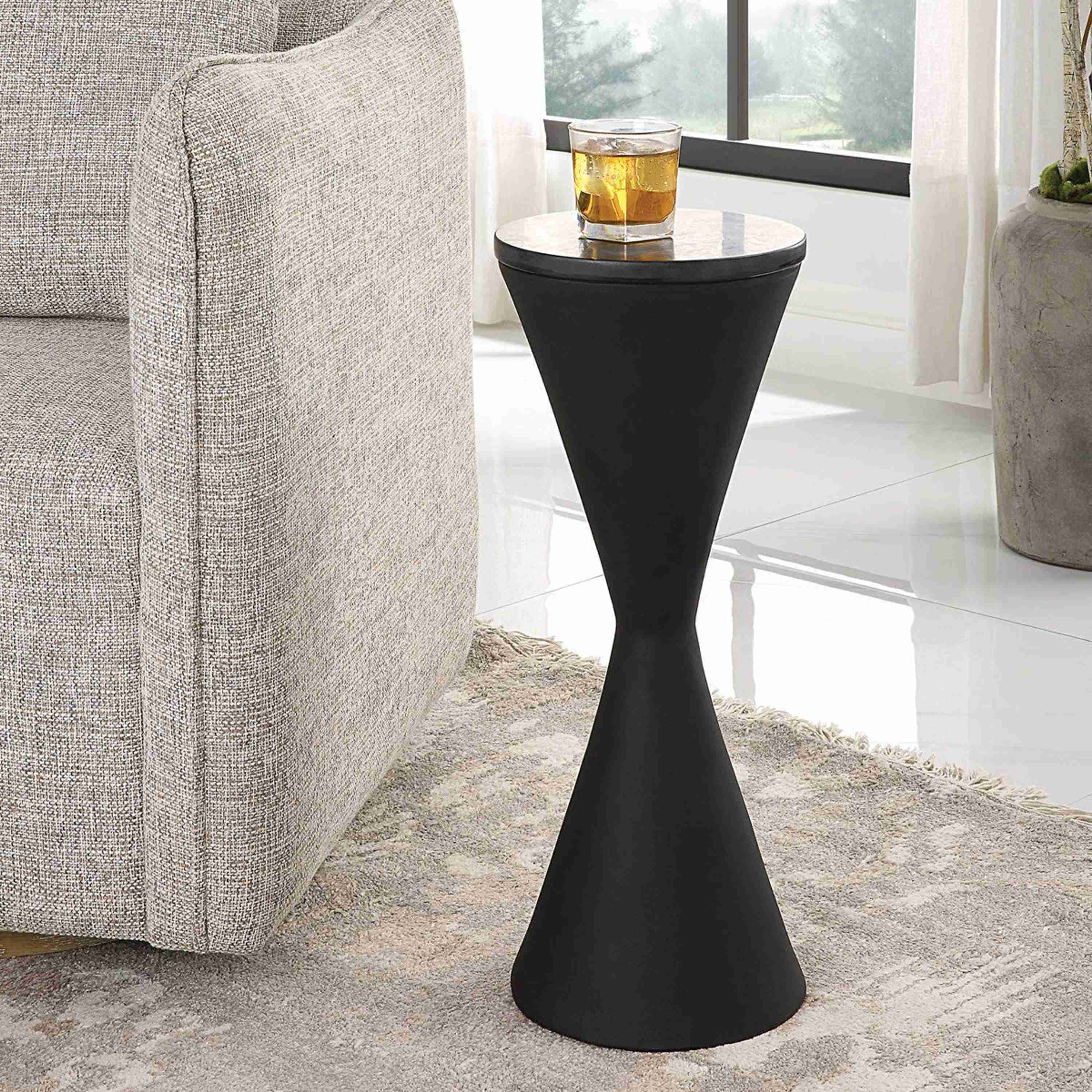 Uttermost Time’s Up Black Marble Top Matte Black Hourglass Contemporary Drink Table - Image 3