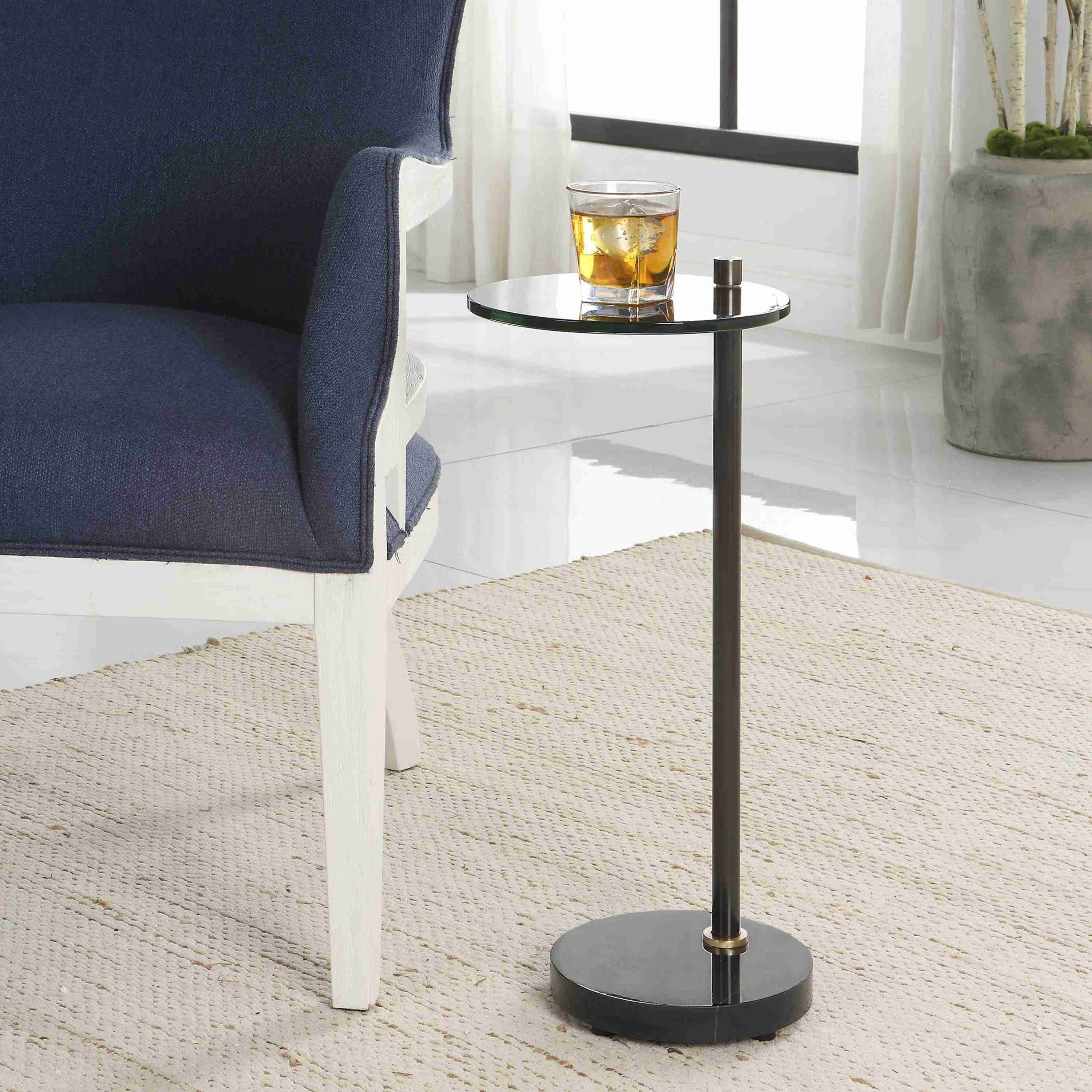 Uttermost Steward Black Glass Top With Black Marble Modern Drink Table - Image 2